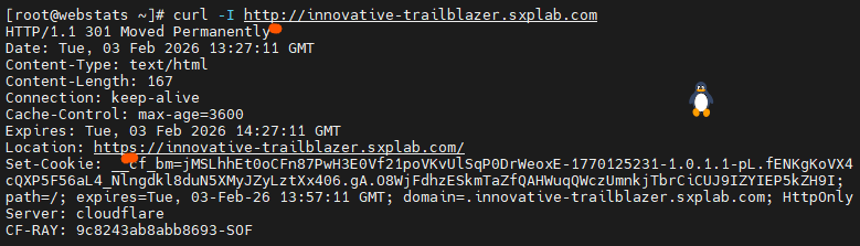 curl -I http://innovative-trailblazer.sxplab.com showing a 301 redirect to HTTPS.
