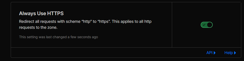 Cloudflare setting showing Always Use HTTPS enabled.