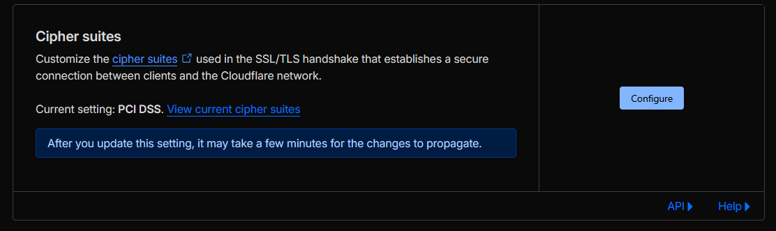 Cloudflare TLS settings showing PCI DSS configuration option selected.