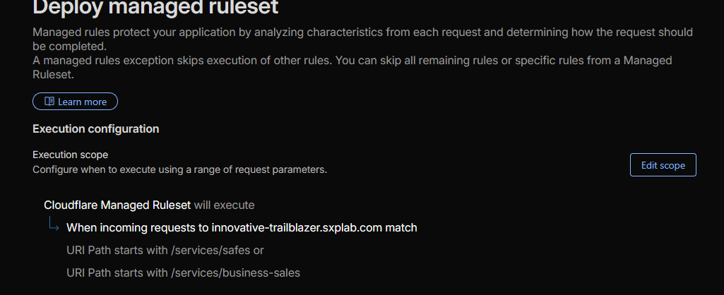 Managed rules scoped to /services/safes and /services/business-sales in the WAF configuration.