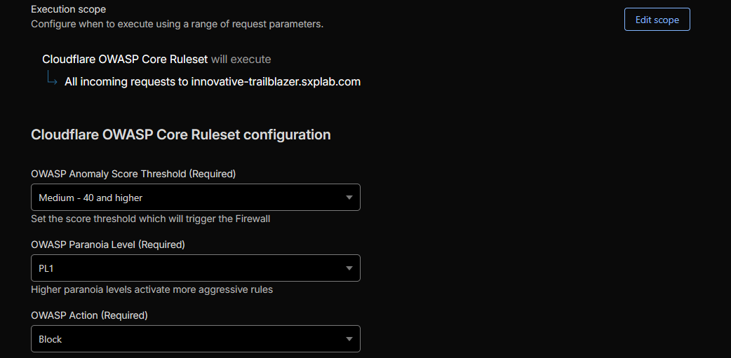 Cloudflare WAF managed rules enabled globally for the lab zone with OWASP protections.