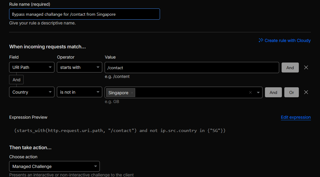 Cloudflare WAF rule restricting /contact access using ip.src.country ne "SG" with Managed Challenge for non-Singapore traffic.