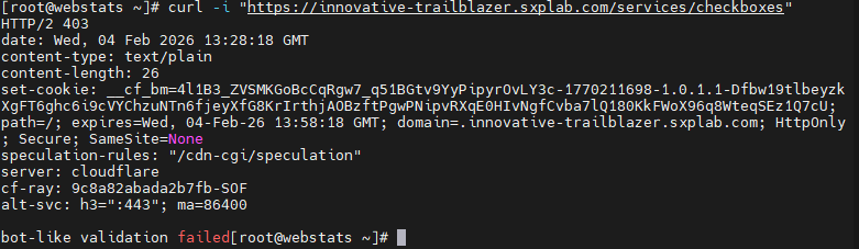Terminal output from curl requests to /services/checkboxes showing blocked or challenged responses when JS detection did not pass.