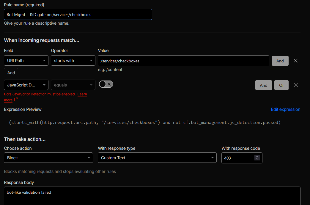 Cloudflare Security and Bot settings showing JavaScript detections enabled and a WAF rule referencing cf.bot_management.js_detection.passed for /services/checkboxes.