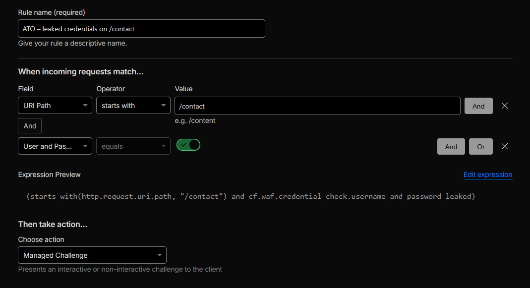 Cloudflare WAF custom rule named 'ATO – leaked credentials on /contact' using the username_and_password_leaked signal.