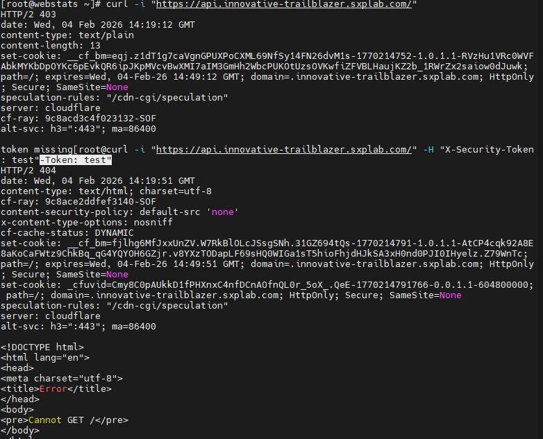 curl and/or Security Events output showing requests without X-Security-Token being blocked and requests with the header allowed.