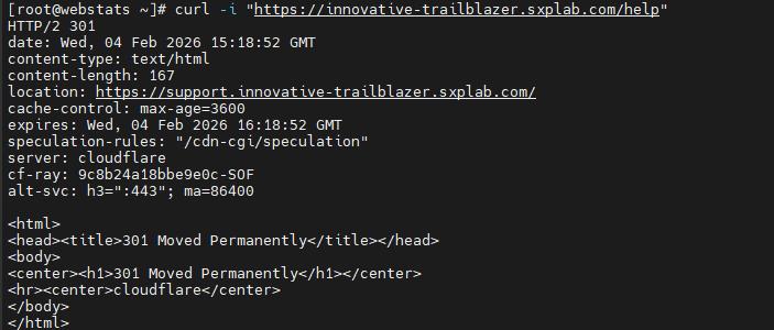 curl -I response for https://innovative-trailblazer.sxplab.com/help showing HTTP 301 and Location: https://support.innovative-trailblazer.sxplab.com/.