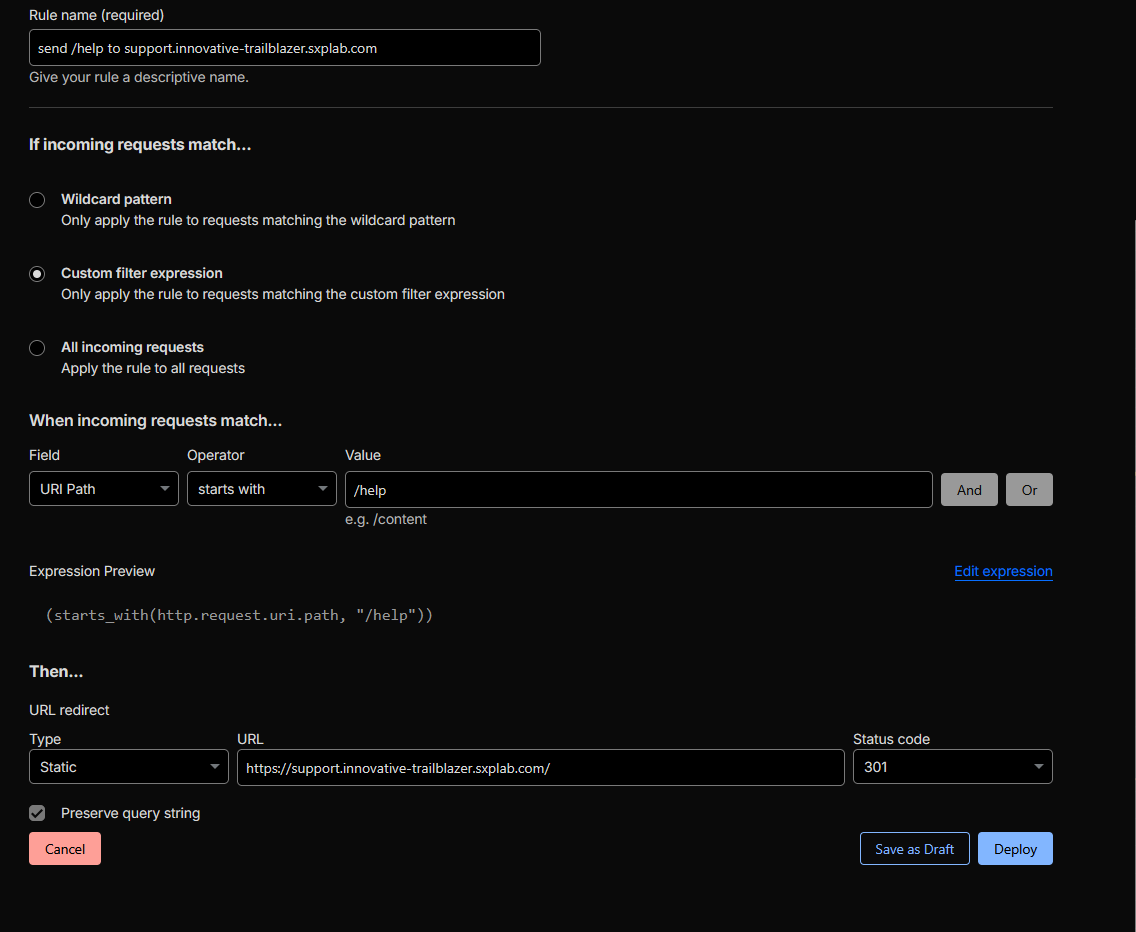 Cloudflare Single Redirect rule matching /help and sending traffic to https://support.innovative-trailblazer.sxplab.com/ with a 301 status.