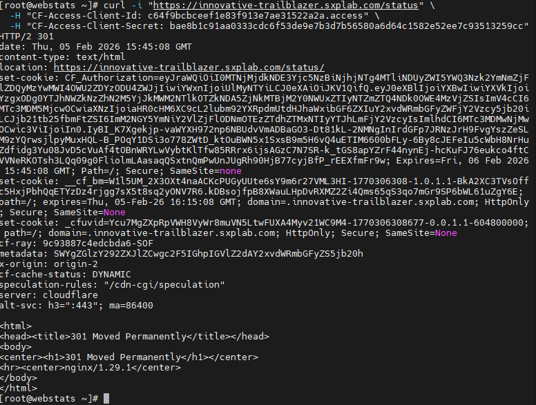 Terminal output from curl including CF-Access-Client-Id and CF-Access-Client-Secret headers showing successful access to /status.