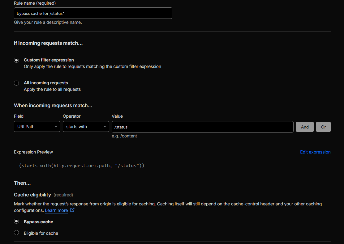 Cache Rule configuration in Cloudflare showing Bypass cache for http.request.uri.path eq "/status".