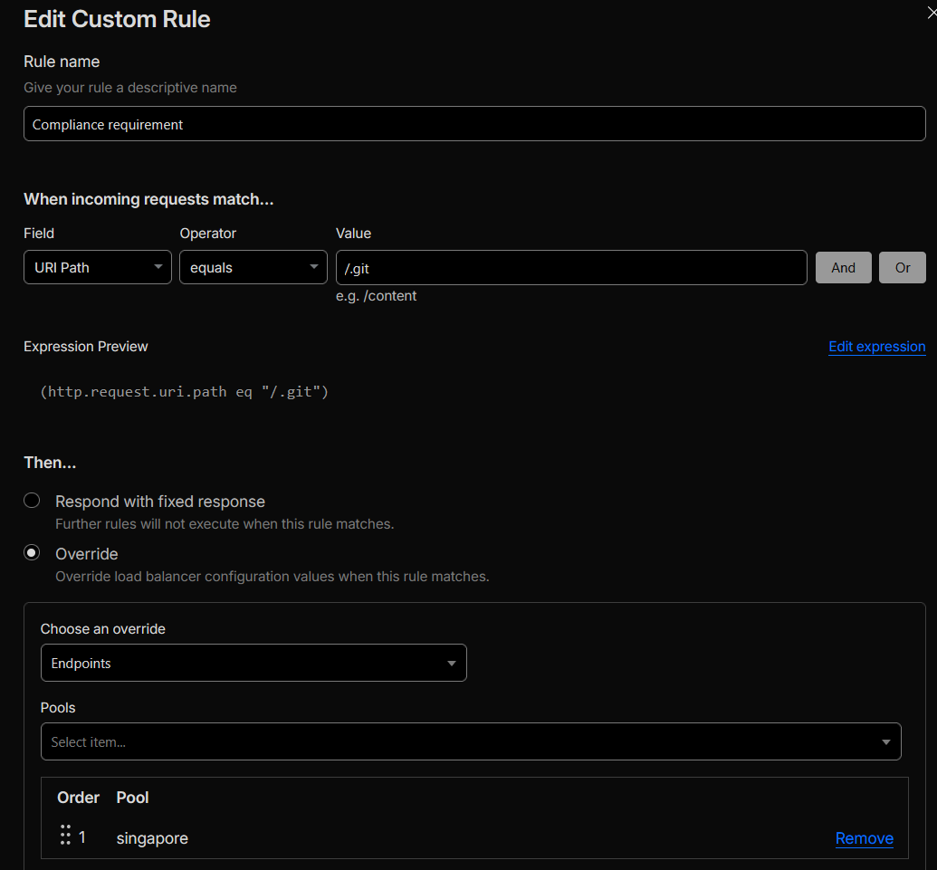 Custom Load Balancing rule matching /.git and overriding traffic to the Singapore pool.