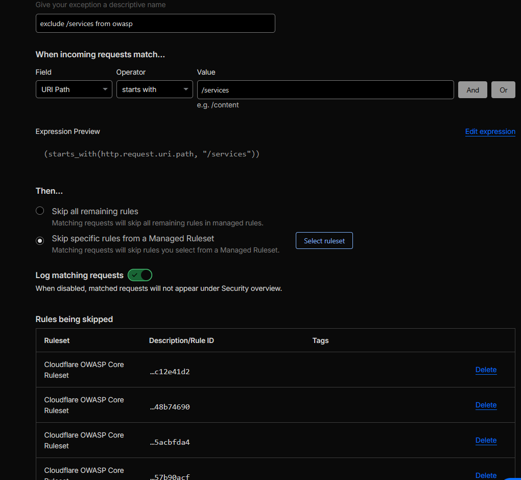 Cloudflare managed ruleset exclusion configuration scoped to http.request.uri.path eq "/services" with specific OWASP rule IDs excluded for that path.