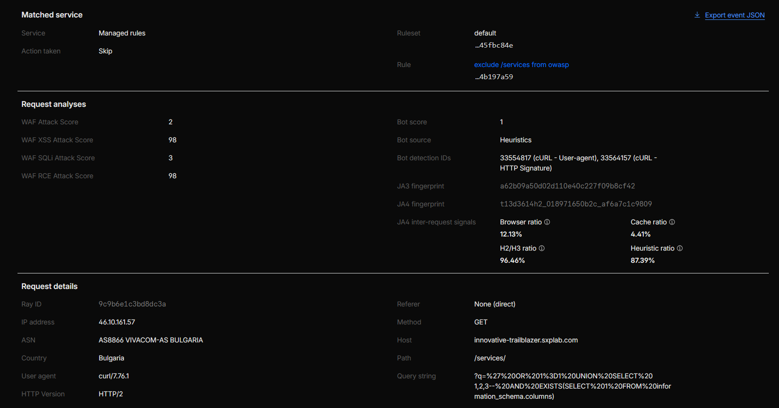Security Events view after applying the OWASP exclusion, showing /services traffic allowed while other attack patterns continue to be blocked.