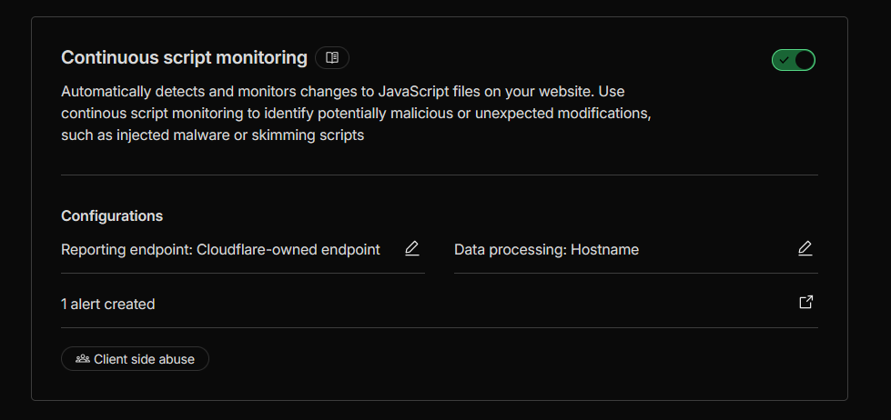 Page Shield overview in the Cloudflare dashboard showing Page Shield enabled for the zone.
