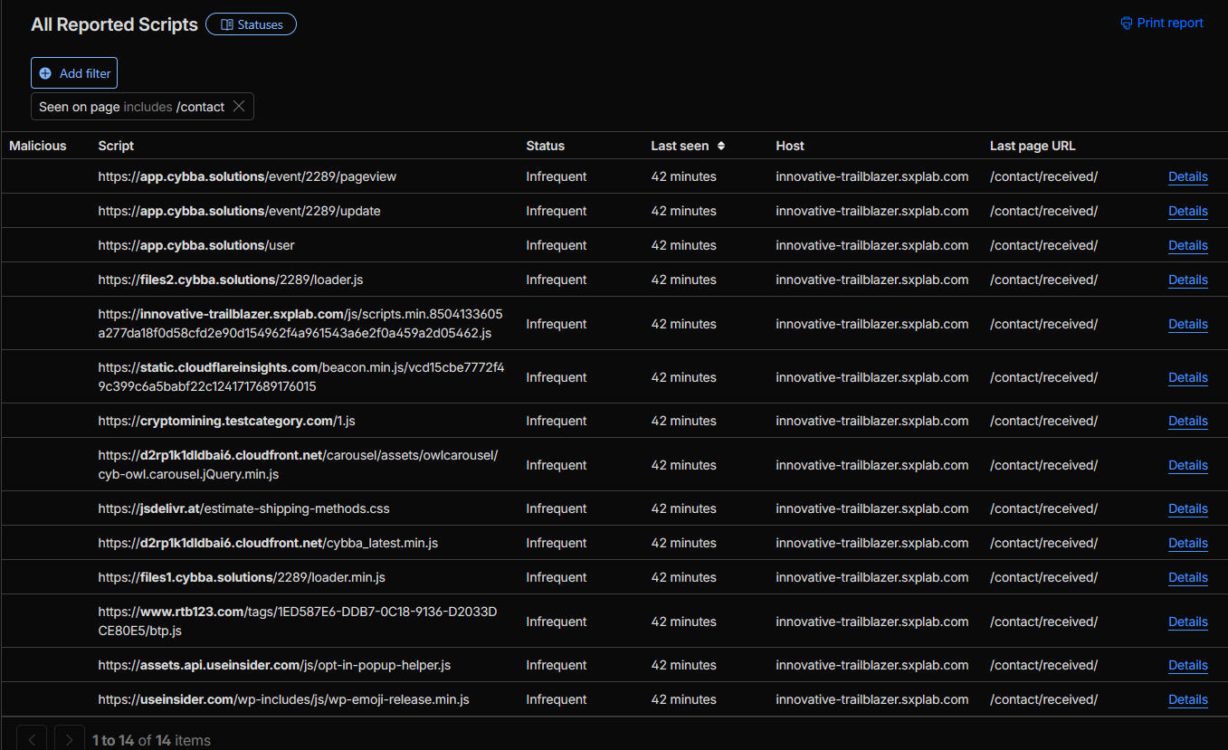 Client-side resources Scripts view filtered by Seen on page for /contact and /contact/received.