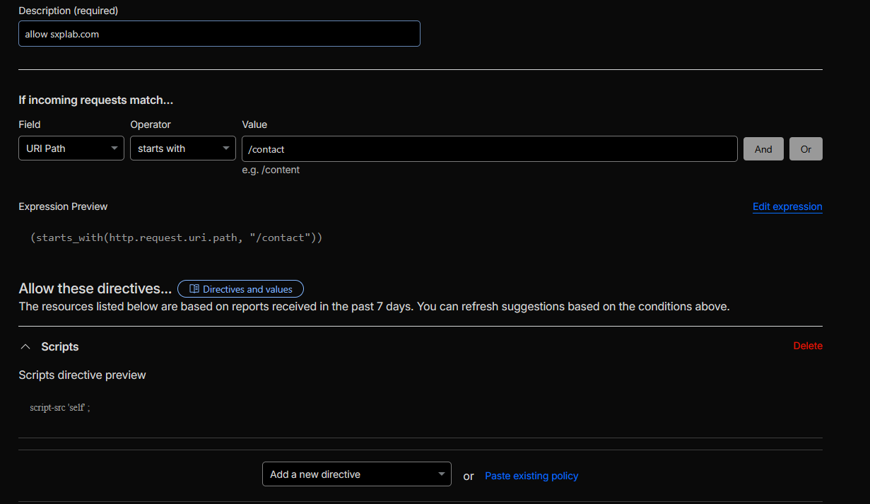 Page Shield policy configuration in Log mode, scoped to the /contact path with script-src 'self' https://*.sxplab.com;.
